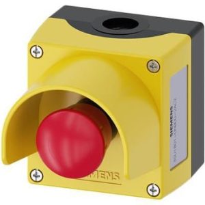 Siemens nødstopkapsel rød 40 mm med gult plasthus og beskyttende krave
