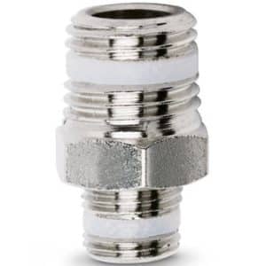 Camozzi pneumatik nipple i messing med R1/8-R3/8 gevind og PTFE-tætning