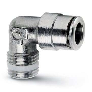 Camozzi push-in vinkelkobling i messing med 6mm slangetilslutning og R1/8 tommer gevind