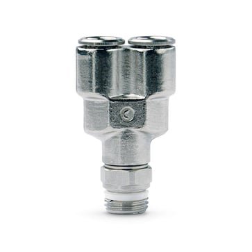 Camozzi push-in Y-fitting i messing til 8mm pneumatikslange med G1/4 gevind