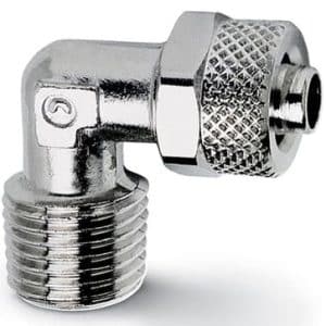 Camozzi vinkelforskruning 6 mm til R1/4 gevind i messing push-on fitting